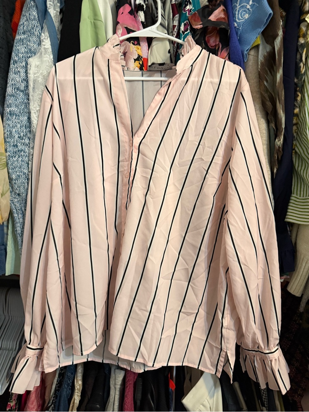 Eloquii Pink Striped Ruffle-Cuff Blouse 20
